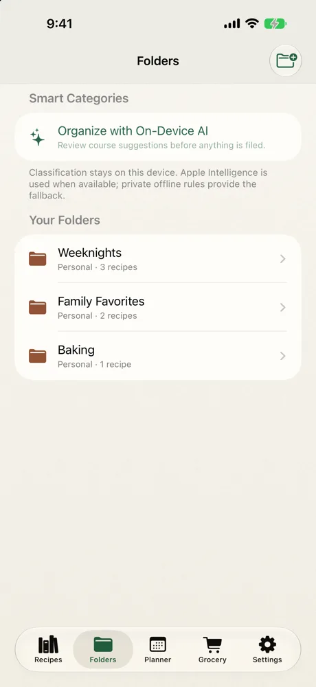 Manual folders and reviewable on-device recipe organization